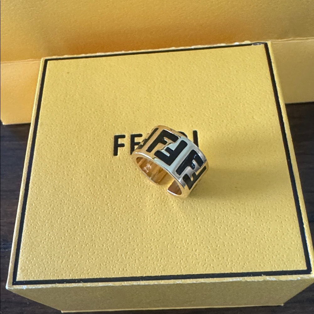 Fendi Black & Silver FF Logo Wide Band Ring
